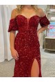 Rouge Fourreau Épaule Dénudée Traîne moyenne Paillettes Velours Longue Robes de bal Prix Réduit