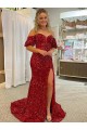 Rouge Fourreau Épaule Dénudée Traîne moyenne Paillettes Velours Longue Robes de bal Prix Réduit