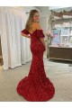 Rouge Fourreau Épaule Dénudée Traîne moyenne Paillettes Velours Longue Robes de bal Prix Réduit