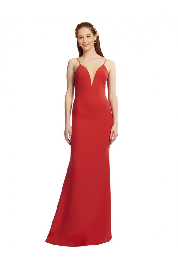 Rouge Sirène Bretelles spaghetti Col V Crêpe Stretch Longue Formelles Robes demoiselle d'honneur / Robes de soirée / Robes de bal Prix Réduit