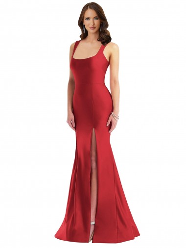 Rouge Sirène Col Carré Satiné Soyeux Longue Formelles Robes demoiselle d'honneur / Robes de soirée / Robes de bal Prix Réduit