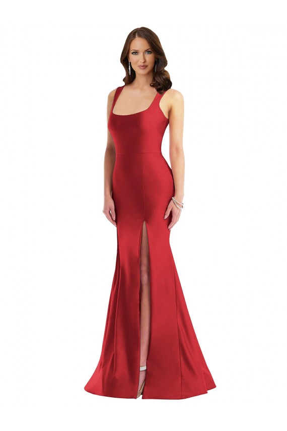 Rouge Sirène Col Carré Satiné Soyeux Longue Formelles Robes demoiselle d'honneur / Robes de soirée / Robes de bal Prix Réduit