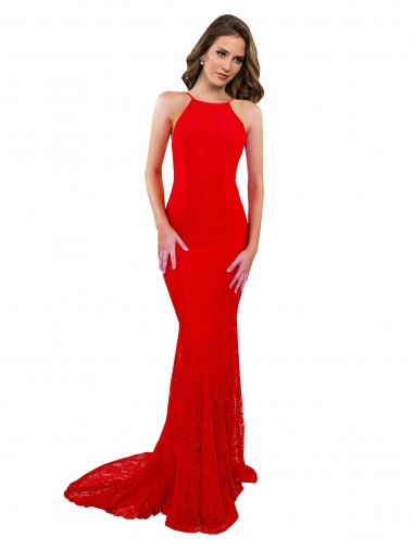 Rouge Sirène Col Haut Dentelle Longue Formelles Robes demoiselle d'honneur / Robes de soirée / Robes de bal Prix Réduit