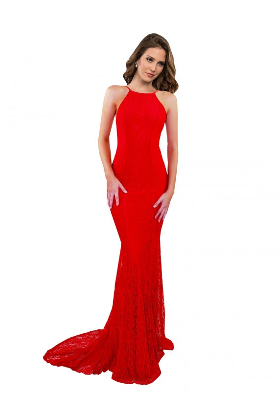 Rouge Sirène Col Haut Dentelle Longue Formelles Robes demoiselle d'honneur / Robes de soirée / Robes de bal Prix Réduit