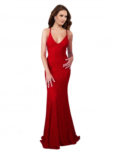 Rouge Sirène Col V Dentelle Longue Formelles Robes demoiselle d'honneur / Robes de soirée / Robes de bal Prix Réduit