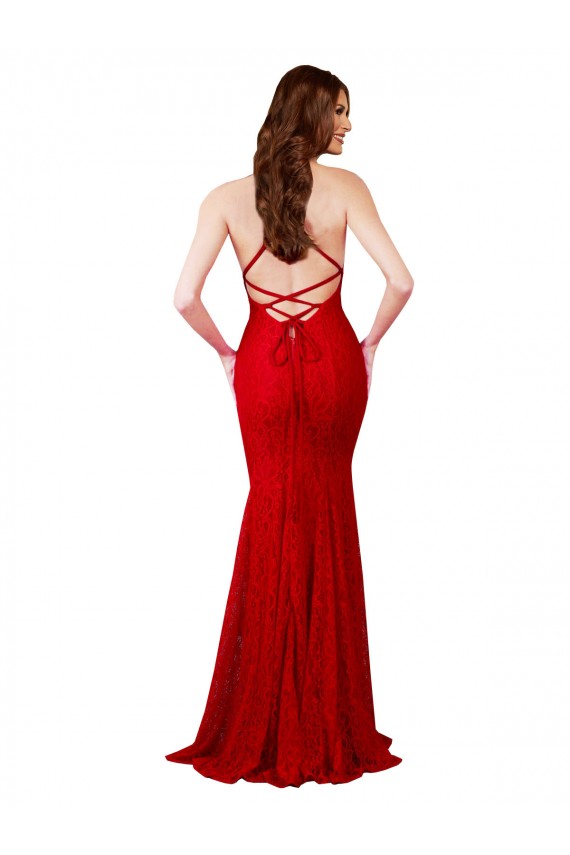 Rouge Sirène Col V Dentelle Longue Formelles Robes demoiselle d'honneur / Robes de soirée / Robes de bal Prix Réduit