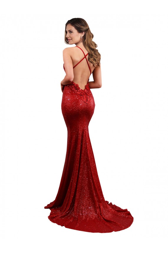 Rouge Sirène Col V Paillette Longue Formelles Robes demoiselle d'honneur / Robes de soirée / Robes de bal Prix Réduit