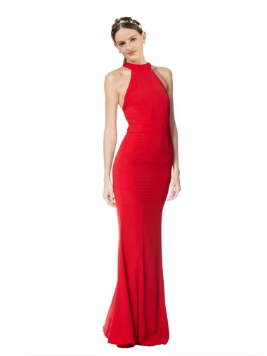 Rouge Sirène Licou Col Haut Crêpe Stretch Longue Formelles Robes demoiselle d'honneur / Robes de soirée / Robes de bal Prix Réduit