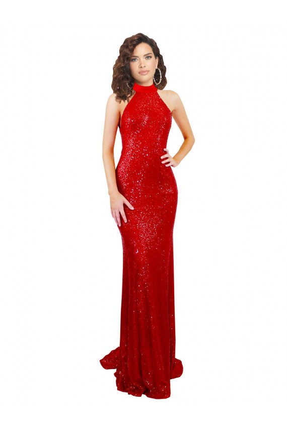 Rouge Sirène Licou Col Haut Paillette Longue Formelles Robes demoiselle d'honneur / Robes de soirée / Robes de bal Prix Réduit