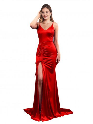 Rouge Sirène Satiné Stretch Longue Formelles Robes demoiselle d'honneur / Robes de soirée / Robes de bal Prix Réduit