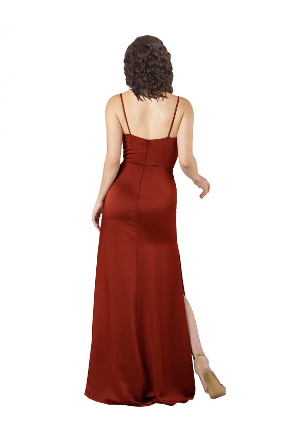 Rouge Trapèze Bretelles spaghetti Col Carré Satiné Soyeux Longue Formelles Robes demoiselle d'honneur / Robes de soirée / Robes de bal Prix Réduit