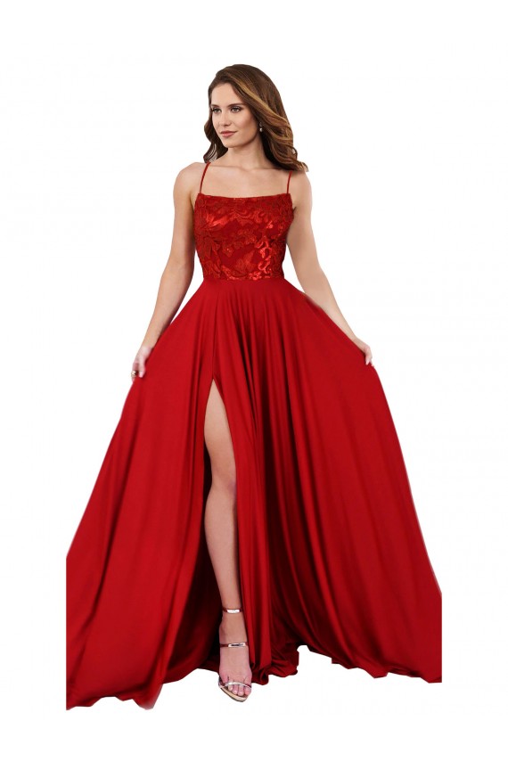 Rouge Trapèze Bretelles spaghetti Col Carré Spandex Dentelle Longue Robes demoiselle d'honneur / Robes de bal Prix Réduit