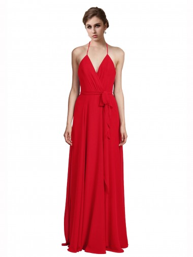 Rouge Trapèze Bretelles spaghetti Col V Mousseline Longue Robes demoiselle d'honneur Prix Réduit