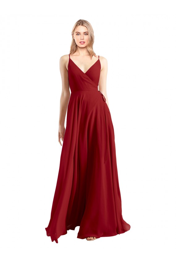 Rouge Trapèze Bretelles spaghetti Col V Mousseline Longue Robes demoiselle d'honneur Prix Réduit