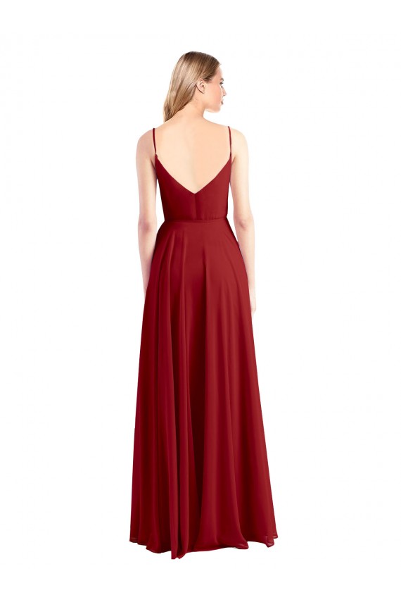 Rouge Trapèze Bretelles spaghetti Col V Mousseline Longue Robes demoiselle d'honneur Prix Réduit