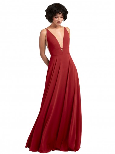 Rouge Trapèze Col V Mousseline Longue Robes demoiselle d'honneur Prix Réduit