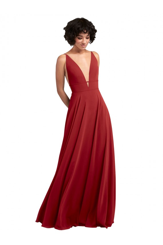 Rouge Trapèze Col V Mousseline Longue Robes demoiselle d'honneur Prix Réduit