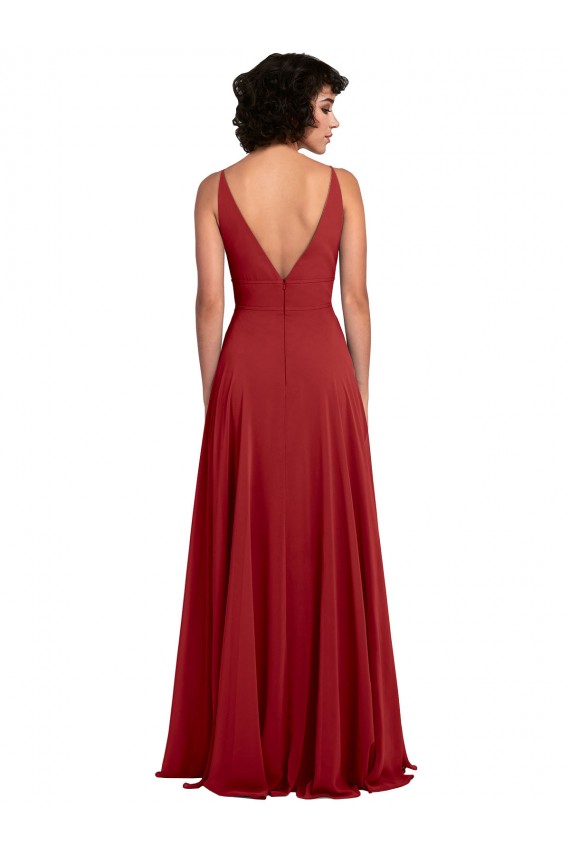 Rouge Trapèze Col V Mousseline Longue Robes demoiselle d'honneur Prix Réduit