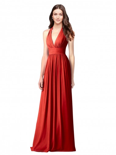 Rouge Trapèze Licou Col V Mousseline Longue Robes demoiselle d'honneur Prix Réduit
