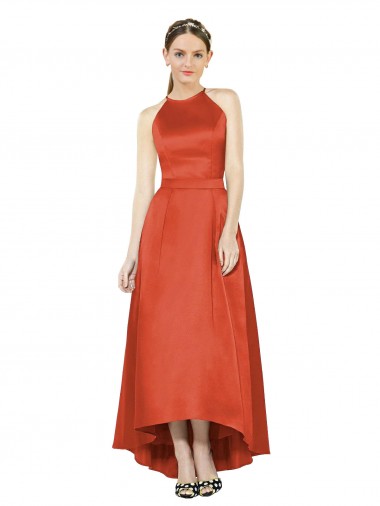 Rouge Épice Trapèze Licou Satiné Longue Asymétrique Robes demoiselle d'honneur Prix Réduit
