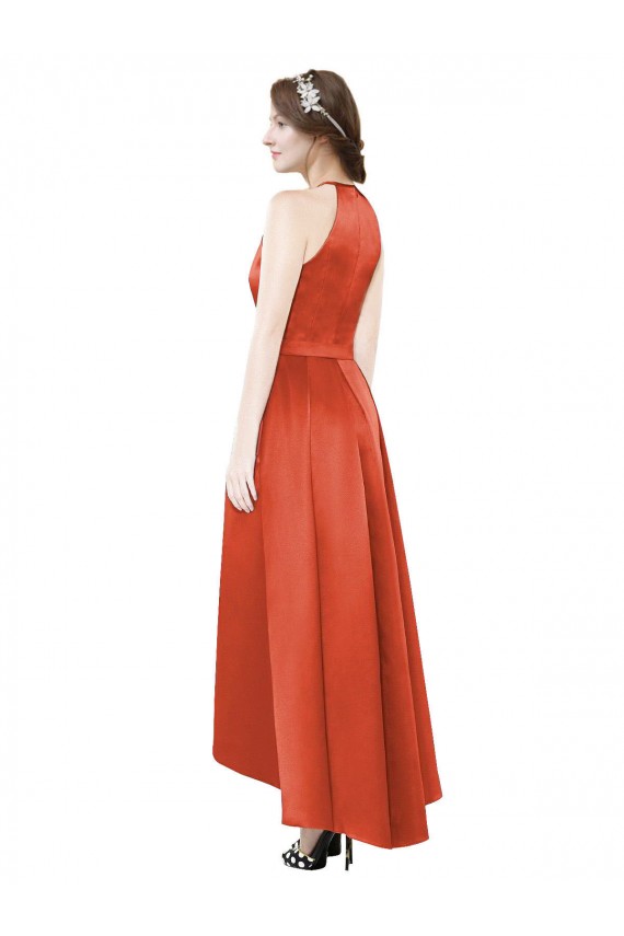 Rouge Épice Trapèze Licou Satiné Longue Asymétrique Robes demoiselle d'honneur Prix Réduit