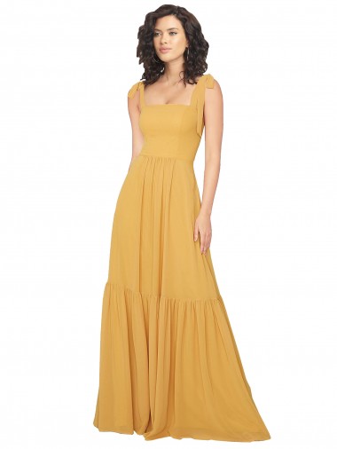Safran Trapèze Col Carré Mousseline Longue Robes demoiselle d'honneur Prix Réduit