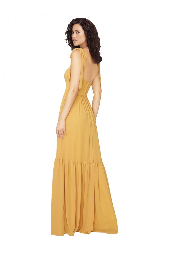 Safran Trapèze Col Carré Mousseline Longue Robes demoiselle d'honneur Prix Réduit