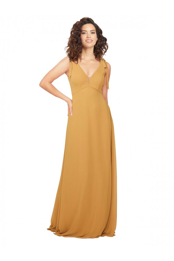 Safran Trapèze Col V Mousseline Longue Robes demoiselle d'honneur Prix Réduit