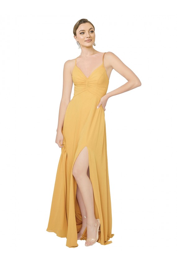 Safran Trapèze Col V Mousseline Longue Robes demoiselle d'honneur Prix Réduit