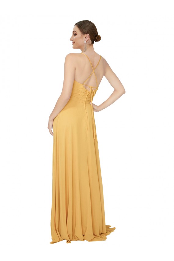 Safran Trapèze Col V Mousseline Longue Robes demoiselle d'honneur Prix Réduit