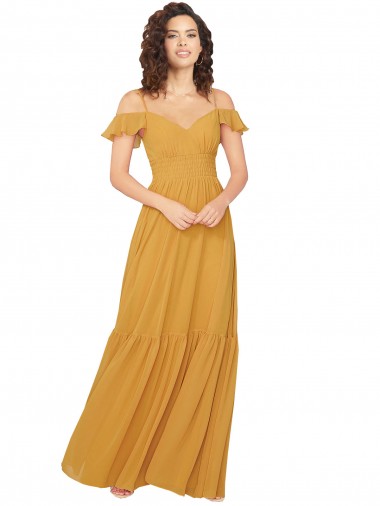 Safran Trapèze Col V Mousseline Longue Robes demoiselle d'honneur Prix Réduit
