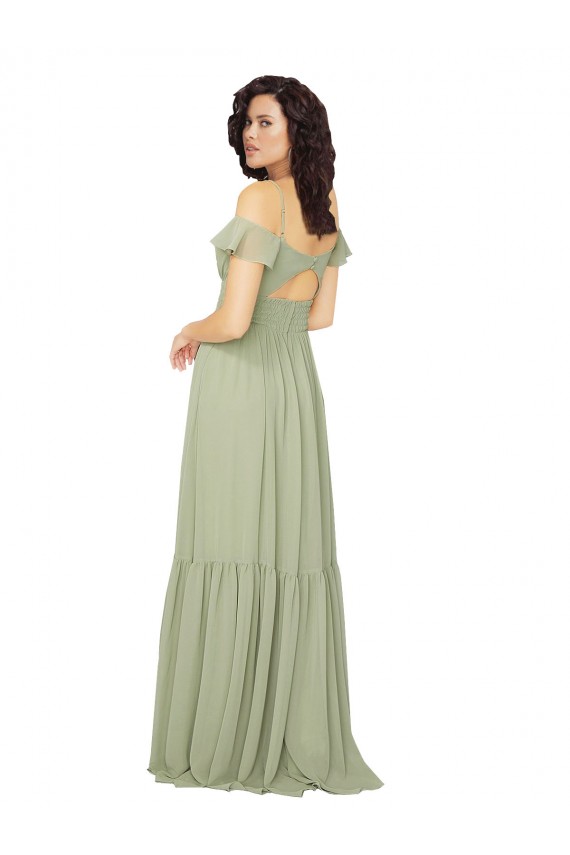 Safran Trapèze Col V Mousseline Longue Robes demoiselle d'honneur Prix Réduit