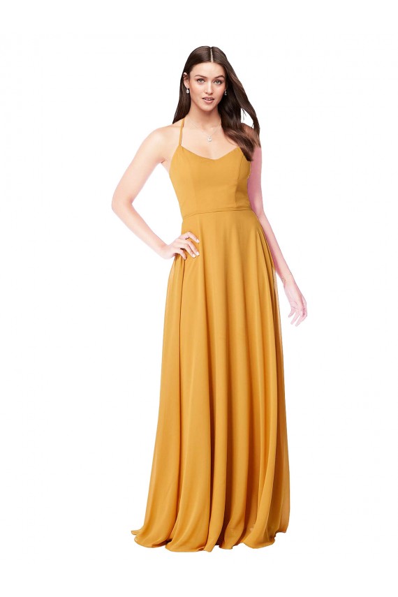 Safran Trapèze Col V Mousseline Longue Robes demoiselle d'honneur Prix Réduit