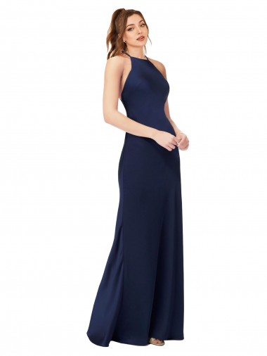 Saphir Fourreau Col Haut Satiné Soyeux Longue Formelles Robes demoiselle d'honneur / Robes de soirée / Robes de bal Prix Réduit