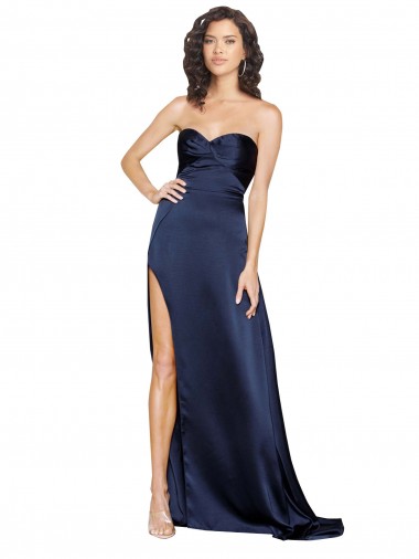Saphir Trapèze Col Haut Satiné Soyeux Longue Formelles Robes demoiselle d'honneur / Robes de soirée / Robes de bal Prix Réduit