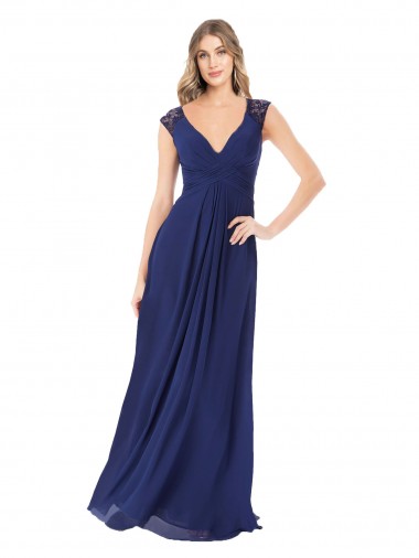 Saphir Trapèze Col V Mousseline Longue Robes demoiselle d'honneur Prix Réduit