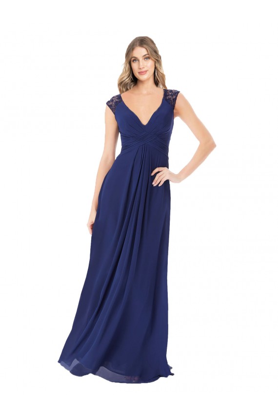 Saphir Trapèze Col V Mousseline Longue Robes demoiselle d'honneur Prix Réduit
