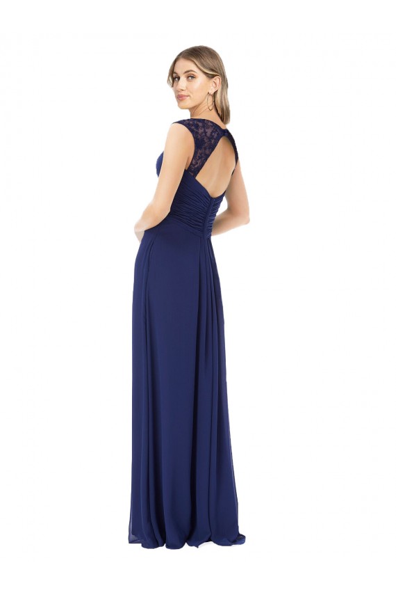 Saphir Trapèze Col V Mousseline Longue Robes demoiselle d'honneur Prix Réduit