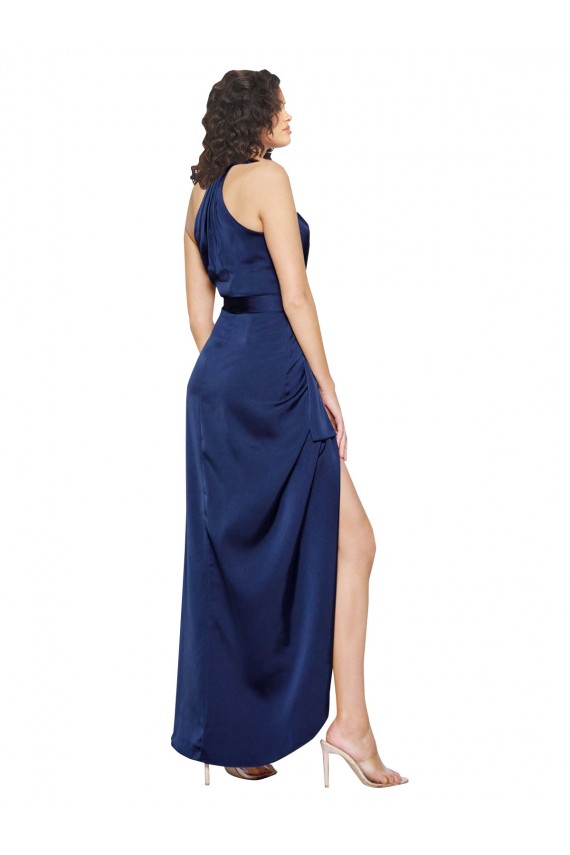 Saphir Trapèze Licou Col Haut Satiné Soyeux Longue Asymétrique Formelles Robes demoiselle d'honneur / Robes de soirée / Robes de bal Prix Réduit