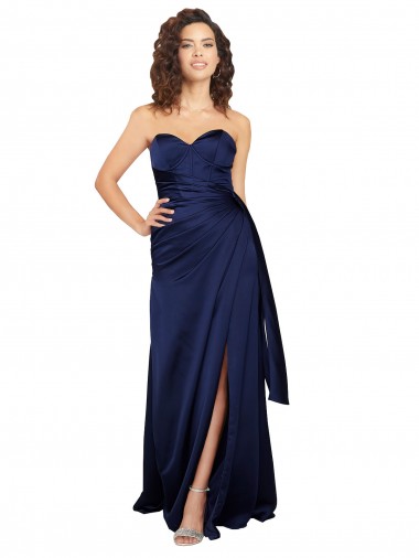 Saphir Trapèze Sans bretelle Satiné Soyeux Longue Formelles Robes demoiselle d'honneur / Robes de soirée / Robes de bal Prix Réduit
