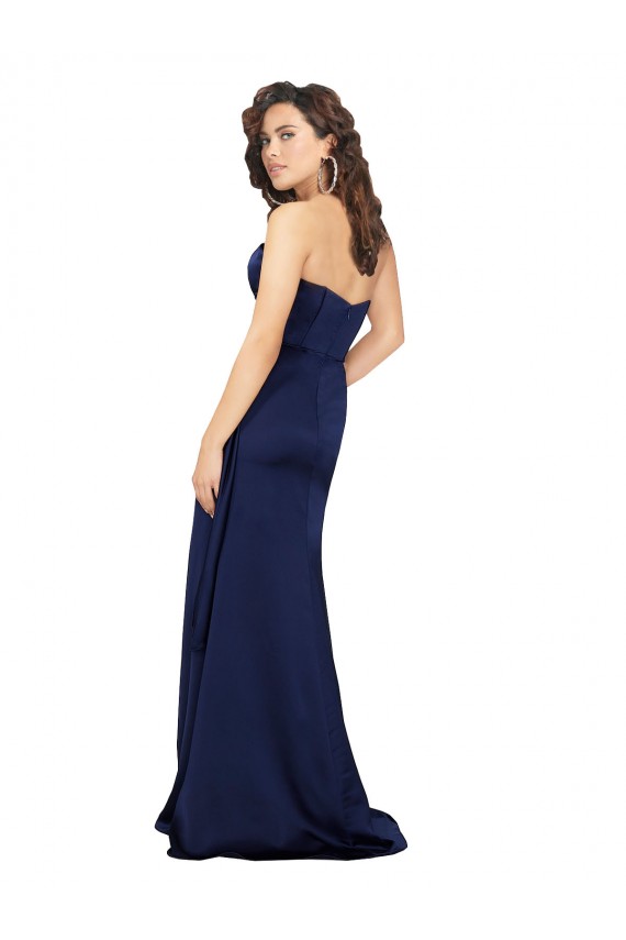 Saphir Trapèze Sans bretelle Satiné Soyeux Longue Formelles Robes demoiselle d'honneur / Robes de soirée / Robes de bal Prix Réduit