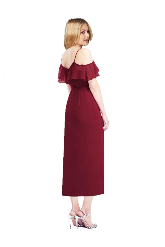Saumon Trompette Bretelles spaghetti Col V Mousseline Courte Asymétrique Robes demoiselle d'honneur Prix Réduit