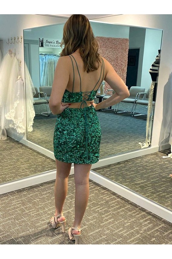 Shamrock Vert Fourreau Col V Courte Paillettes Velours Courte Robes de bal Prix Réduit