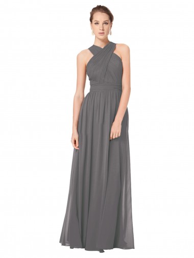 Stormy Silver Trapèze Licou Mousseline Longue Robes demoiselle d'honneur Prix Réduit