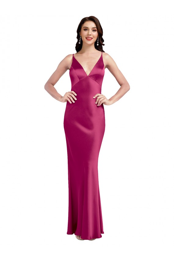 Trapèze Bretelles spaghetti Col V Satiné Stretch Longue Formelles Robes demoiselle d'honneur / Robes de soirée / Robes de bal Prix Réduit