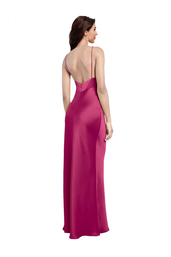Trapèze Bretelles spaghetti Col V Satiné Stretch Longue Formelles Robes demoiselle d'honneur / Robes de soirée / Robes de bal Prix Réduit