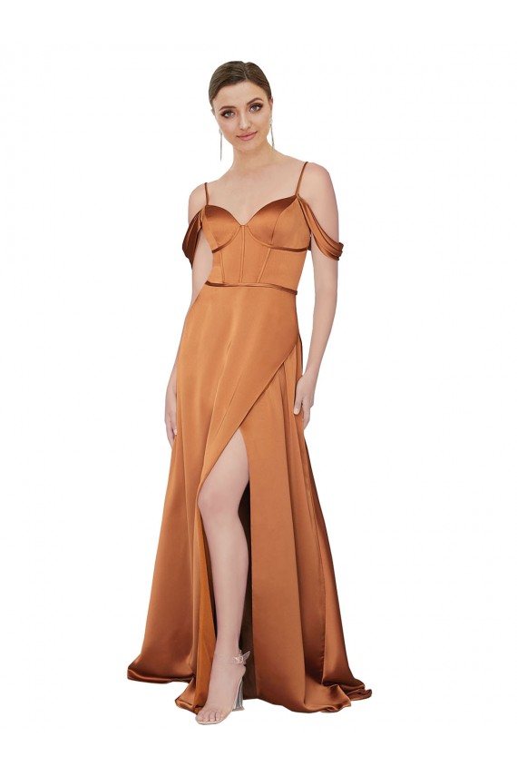 Trapèze Bretelles spaghetti Satiné Soyeux Longue Formelles Robes demoiselle d'honneur / Robes de soirée / Robes de bal Prix Réduit