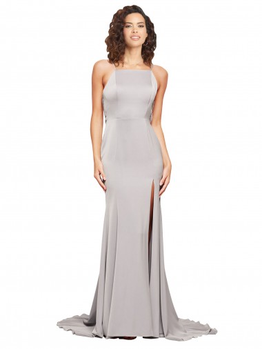 Trapèze Col Haut Balayage train Satiné Stretch Longue Formelles Robes demoiselle d'honneur / Robes de soirée / Robes de bal Prix Réduit
