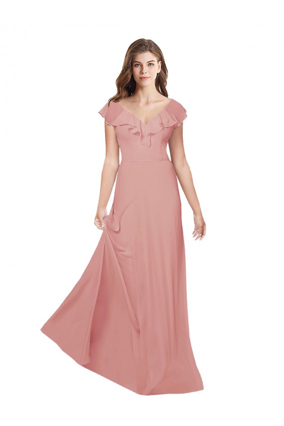 Trapèze Col V Mousseline Longue Robes demoiselle d'honneur Prix Réduit