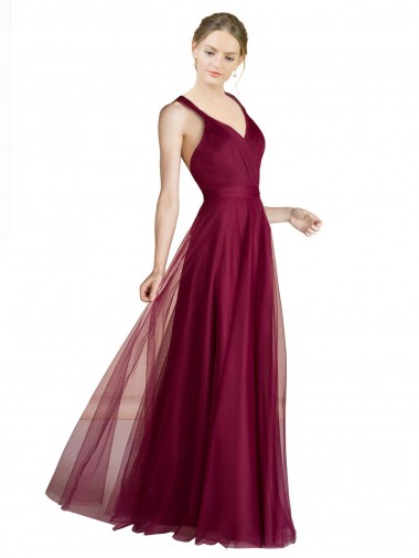 Trapèze Col V Tulle Longue Robes demoiselle d'honneur Prix Réduit